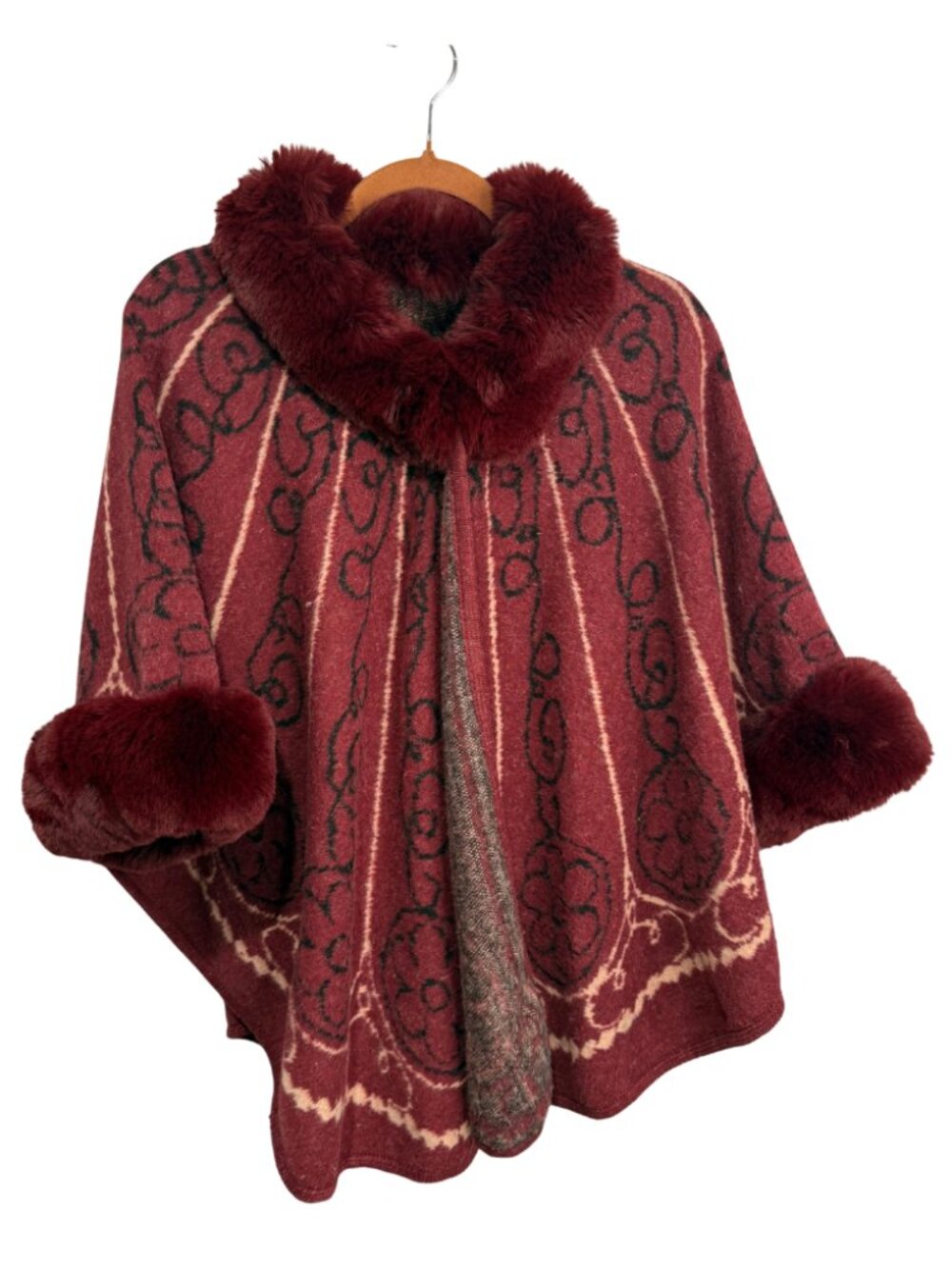 NWT Fashion Collection Burgundy Faux Fur Trim Poncho Cape Open Front OS